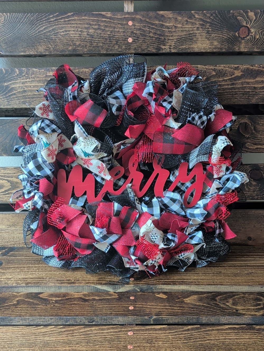 Merry Holiday Wreath 20 Inch with Red, Black, & White Ribbons